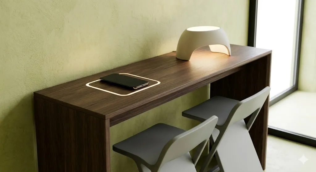 Minimalist modern console with integrated wireless charging, a sleek smart tech feature available at a furniture store in Madhya Pradesh.