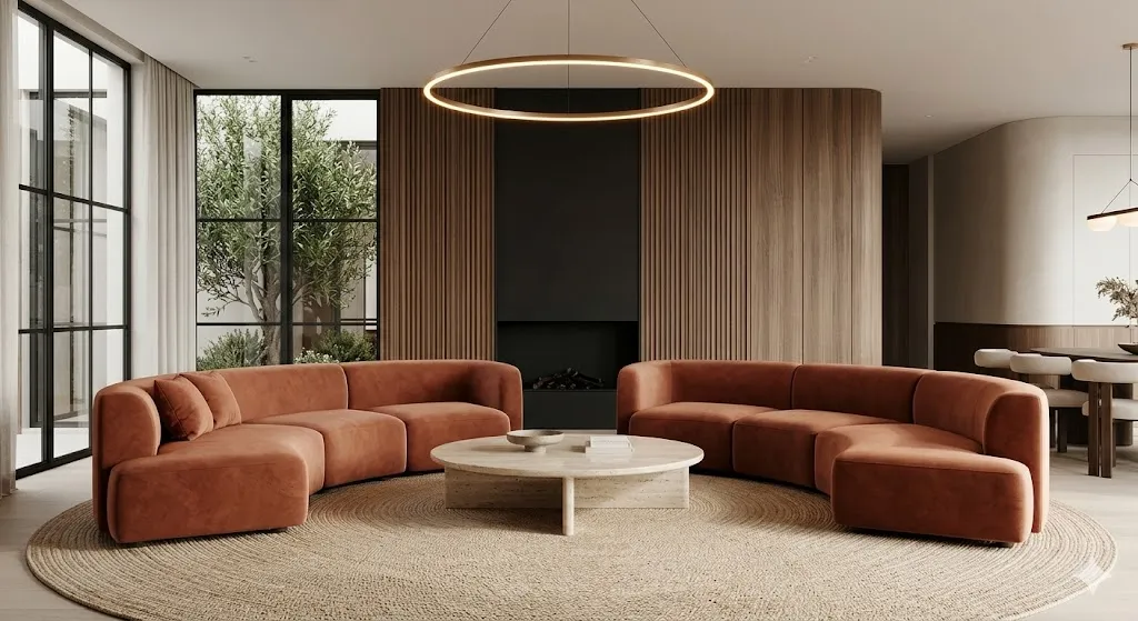 A high-end 2026 drawing room featuring a curved terracotta sectional sofa forming a strategic conversational circle around a travertine coffee table, illustrating Drawing Room Interior Design Trends 2026.