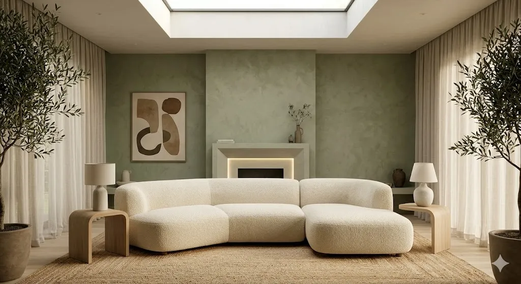 A modern organic 2026 drawing room with a cloud-like white bouclé sectional sofa and a textured plaster wall finish, showcasing morphology in furniture and the grounded color palette of Drawing Room Interior Design Trends 2026.