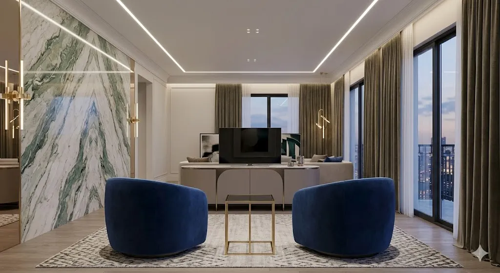 An elegant 2026 formal drawing room featuring sapphire blue armchairs and a marble accent wall with integrated invisible technology, as defined by Drawing Room Interior Design Trends 2026.
