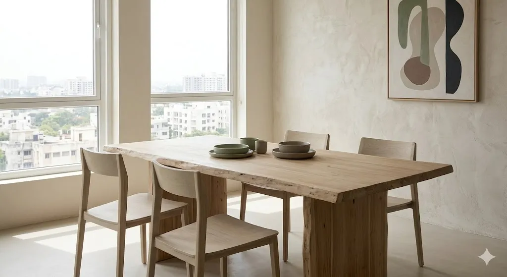 Sustainable dining room furniture made from local teak, available at a furniture store in Madhya Pradesh.