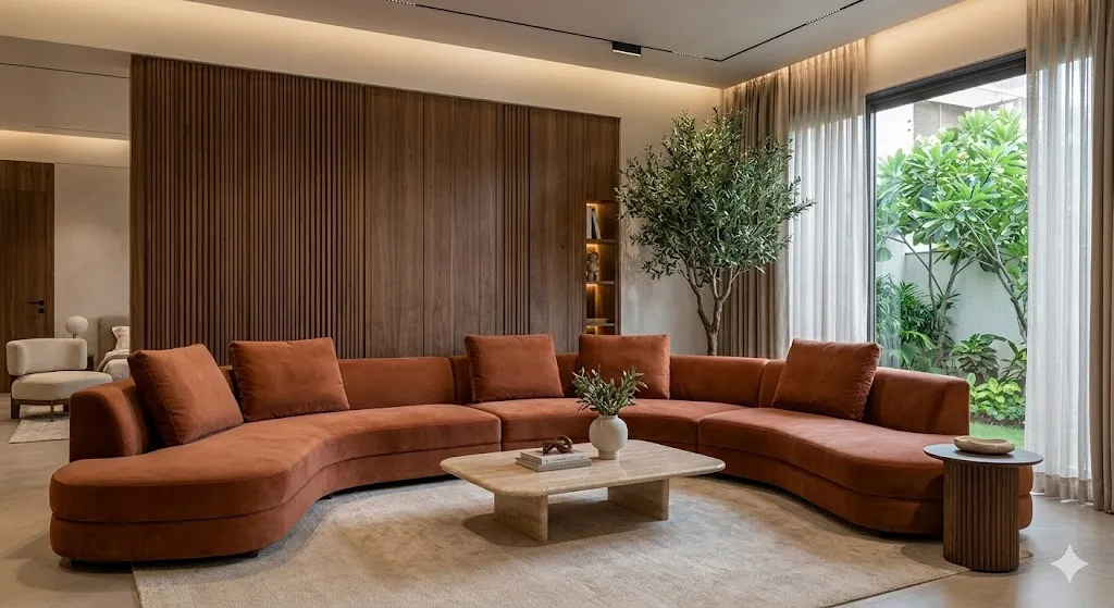 A sophisticated living room design featuring biomorphic furniture sourced from a leading furniture store in Madhya Pradesh.